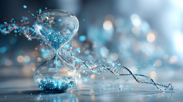 Glass hourglass with glowing DNA helix sand representing biological clock and genetic research concept in 3d rendering