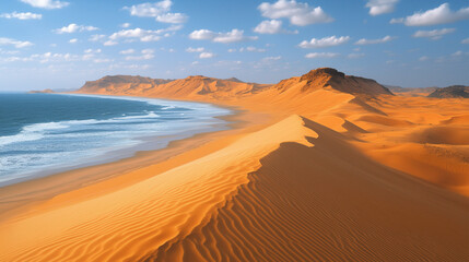A stunning natural landscape where the desert meets the sea beneath a vibrant sky.