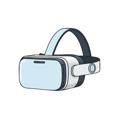 Illustration of a white and light blue virtual reality headset with a black strap on a plain white background.