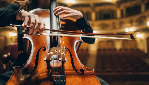 Female Cellist Hands Playing Instrument On Concert Hall Stage