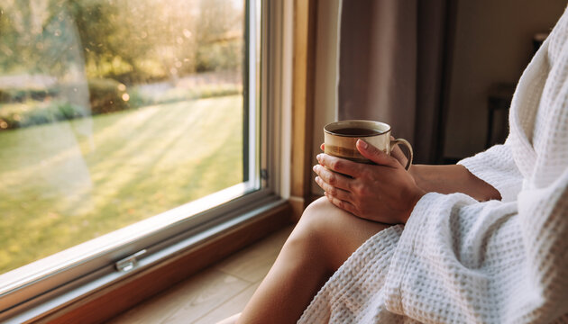 Woman In White Robe Holding Coffee Mug By Window Overlooking Sunny Garden