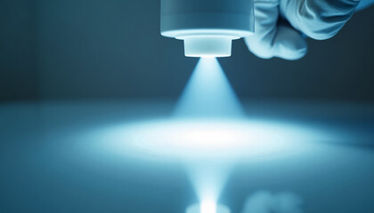 Close up of medical scanner or laser device with blue light beam in laboratory
