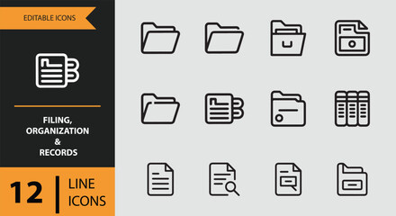 A comprehensive set of 12 editable line icons for filing, organization, and records management