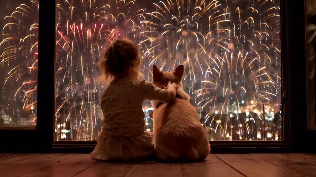 A child and a dog sit by a window, gazing at a fireworks display. The child is dressed in a lightcolored outfit, while the dog wears a darker outfit.