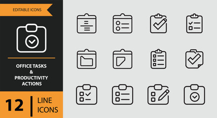 Editable line icons set for office tasks, productivity actions, and business management