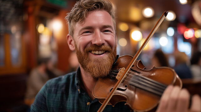 Portrait of a smiling man with a ginger beard playing a traditional fiddle in a lively pub, joyful cultural tradition, warm moody bar lighting, out of focus patrons in background,