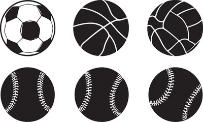 Obraz premium Six Different Sports Balls Silhouettes Including Soccer Basketball Volleyball Baseball And Softball