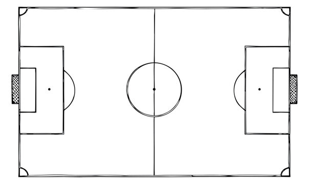 Hand drawn line art illustration of a soccer field depicting its full layout for sports planning