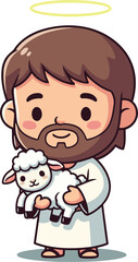 Cartoon of a holy man with a halo holding a small white lamb