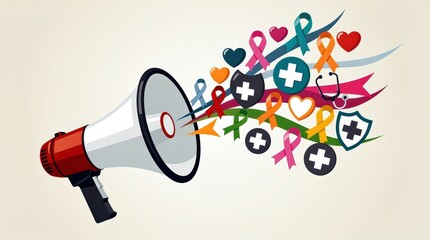 Naklejka premium A colorful illustration of a megaphone emitting symbols of health awareness, including ribbons, hearts, and medical icons, conveying a message of advocacy and support.
