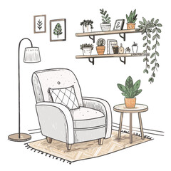 Cozy Living Room Illustration Hand-Drawn Vector Illustration of a Cozy Living Room Interior with Armchair, Potted Plants, and Wall Shelves