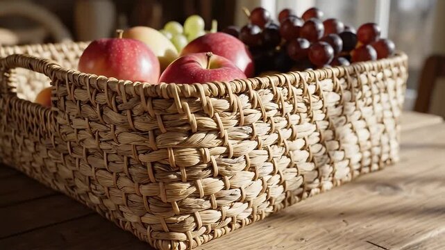 A beautifully composed close-up shot captures a rustic woven basket brimming with a vibrant assortment of fresh, ripe fruits. Clusters of dark and green grapes glisten beside crisp red apples, all nes