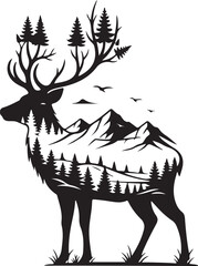 Majestic Deer Stag Silhouette with Forest Landscape on White Background.