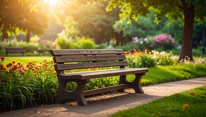 Serene Park Bench Surrounded by Vibrant Flowers.