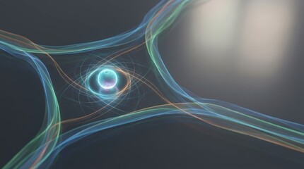 A vibrant abstract depiction of swirling light trails converging around a central sphere, suggesting energy and movement.