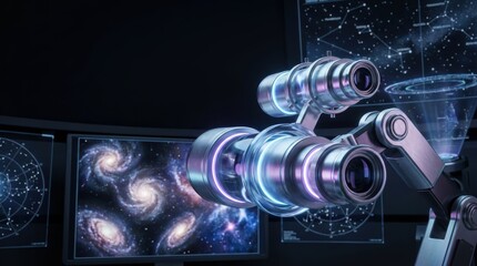 A futuristic robotic arm is focused on a starry cosmos, showcasing galaxies and constellations on screens, merging technology with astronomy.