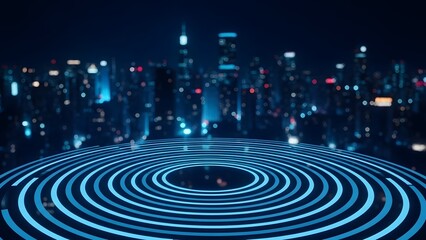 Fototapeta premium Neon cityscape with futuristic concentric lights at night