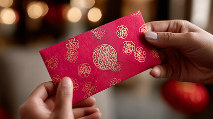 Close-up of hands giving and receiving a vibrant red envelope (Hongbao) with gold embossed patterns, traditional Lunar New Year ritual, warm soft lighting, blurred festive backgrou