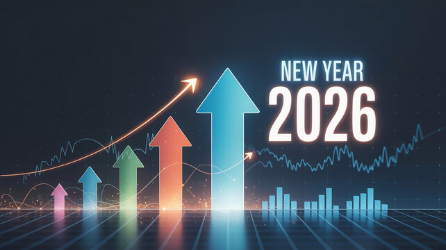 New year 2026 business growth concept with upward financial arrows and glowing charts symbolizing fresh goals, strategic planning, and future success, modern corporate digital style.