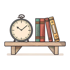 alarm clock on books,Vintage Style Illustration of an Antique Alarm Clock and Row of Books on a Rustic Wooden Shelf