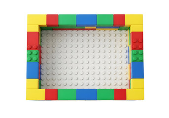 Fototapeta premium Colorful lego brick frame isolated on transparent background for building and creativity