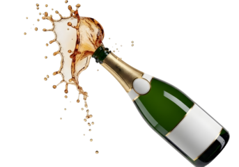 Champagne bottle with cork popping and splashing liquid isolated on transparent background