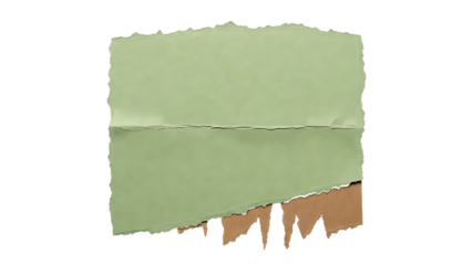 A piece of torn light green paper and brown cardboard texture with rough edges on black background isolated on transparent background