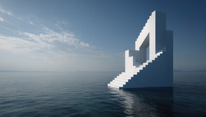 Fototapeta premium Abstract white staircase structure floating on calm water against blue sky
