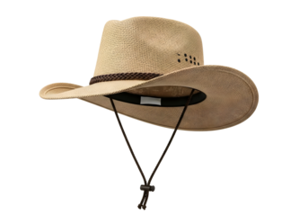 Straw cowboy hat with black chin strap and brown band isolated on transparent background