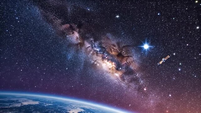 A breathtaking wide-angle view captures the Earth's vibrant blue surface and its delicate, glowing atmosphere as it curves into the inky blackness of space. Against this majestic backdrop, countless d