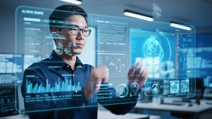 Asian Specialist Interacting with Futuristic Holographic Data Interface - Powered by Adobe