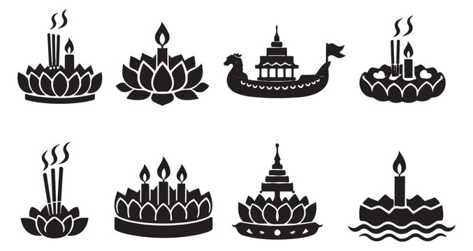 Line art Thai festival icon set featuring krathongs, candles and a traditional boat for Loy Krathong celebration