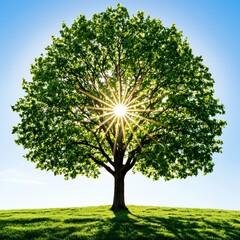 Vibrant Green Tree with Sun Rays on Grassy Hill Under Blue Sky