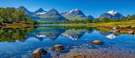 Majestic Mountain Peaks Reflected in Crystal Clear Lake on a Sunny Day
