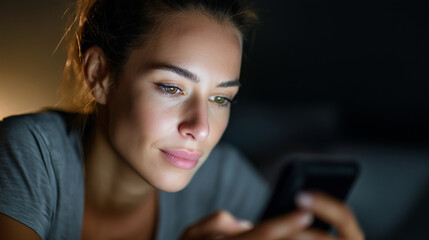 woman scrolling through a conspiracy subreddit late at night, phone screen reflecting on face