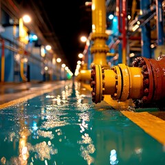 Vibrant Industrial Pipeline and Wet Ground at Night