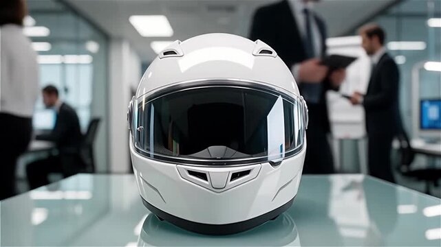 A modern office setting with professionals discussing plans. A white helmet is placed prominently on a glass table, symbolizing strategy