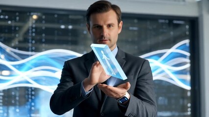 A businessman engaging with a digital holographic interface in a modern office setting, showcasing data analysis and advanced technology - Powered by Adobe