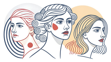 two girls in a row,Elegant Line Art Illustration of Three Women Profiles with Aesthetic Braided Hairstyles and Minimalist Pastel Accents
