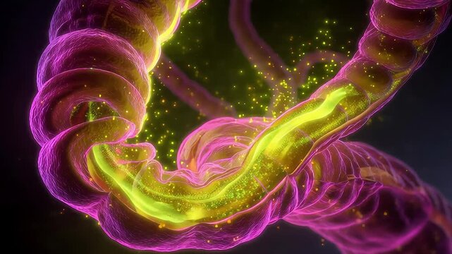 Abstract visualization of the human digestive system, highlighting the intricate network of intestines and microbial activity