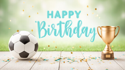 Football themed kids birthday backdrop featuring championship trophy and football, football field colors, confetti and playful lights.