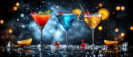 Vibrant Assorted Cocktails with Water Splashes, Ice, and Bokeh Lights for Party Celebration
