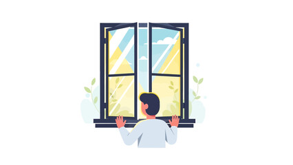 Man looking out window at sunny sky with hope