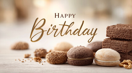 Elegant backdrop for a man's birthday in a pastry shop atmosphere with exquisite dark chocolate desserts, cookies and subtle gold accents on a light brown background with bokeh.