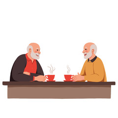 Elderly men chatting and enjoying tea at a wooden table . Elderly set