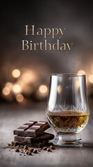 Elegant luxury birthday background for a man featuring premium dark chocolate pieces and a crystal glass of aged whiskey, with refined atmosphere and copy space.