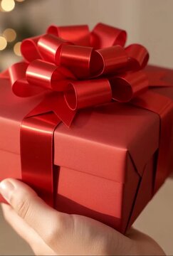 Hand Holding Red Gift Box with Bow.