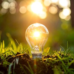 Clear lightbulb sits on soil/moss, bathed in warm sunlight, against blurred greenery and bokeh