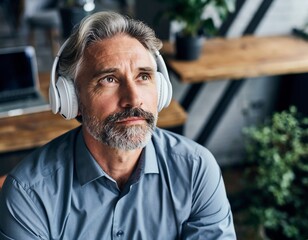 Thoughtful mature man wearing headphones and looking upwards, seeking inspiration in a modern office, concept for music, business, and mindfulness