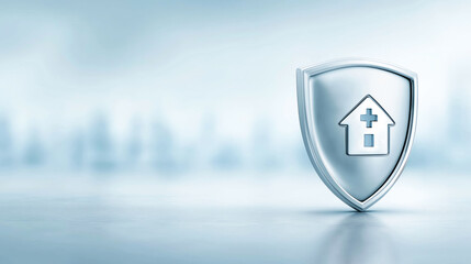 Advertising banner with a metallic shield on a table against a blurred city background, symbolizing insurance protection, reliability, and business security.